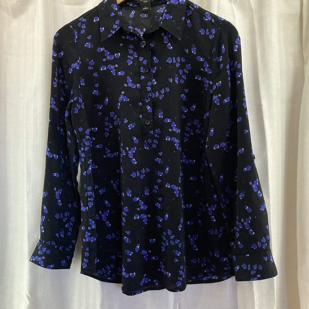 Ann Taylor Loft‎ Petite Small Blouse Roll Tab Sleeve Black Purple Popover